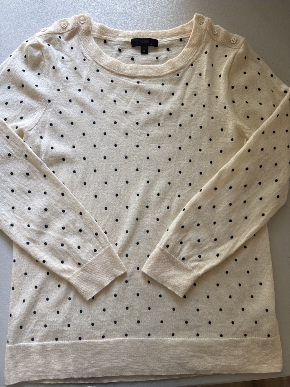 J. Crew Cream Crewneck Sweater with Black Polka Dots 100% Wool Size Large